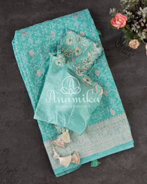 Chiffon Georgette Banarasi Saree in blue with all over chikankari work