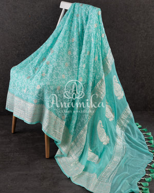 Chiffon Georgette Banarasi Saree in blue with all over chikankari work