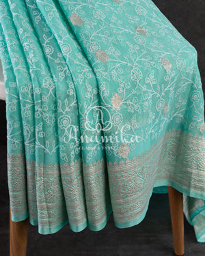 Chiffon Georgette Banarasi Saree in blue with all over chikankari work