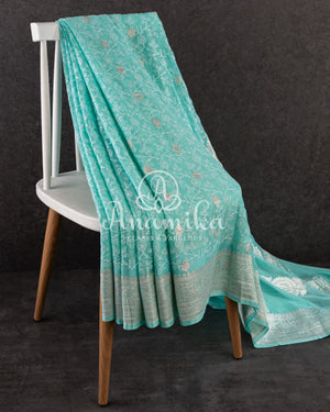 Chiffon Georgette Banarasi Saree in blue with all over chikankari work