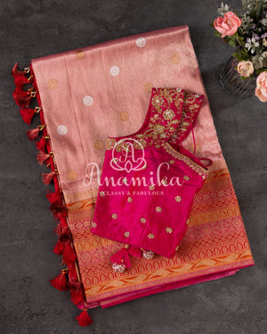 Light Pink Banarasi Kora Tissue with a contrast red zari woven border