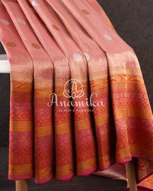 Light Pink Banarasi Kora Tissue with a contrast red zari woven border