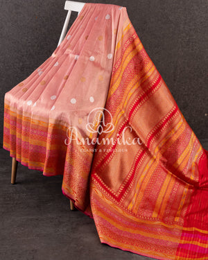 Light Pink Banarasi Kora Tissue with a contrast red zari woven border