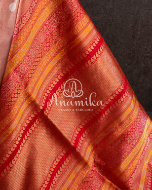 Light Pink Banarasi Kora Tissue with a contrast red zari woven border