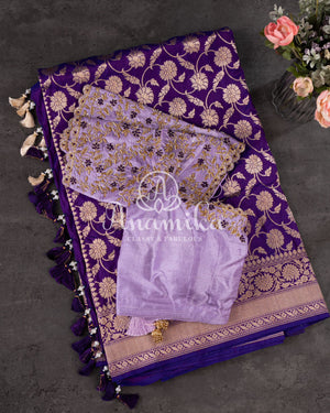 Purple Banarasi Silk Saree with contrast lilac blouse