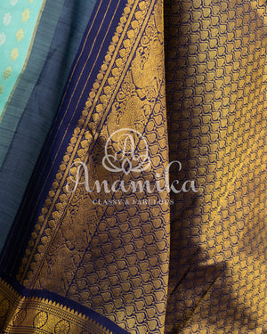 A kanjeevaram saree in the most treanding light blue and dark blue combo
