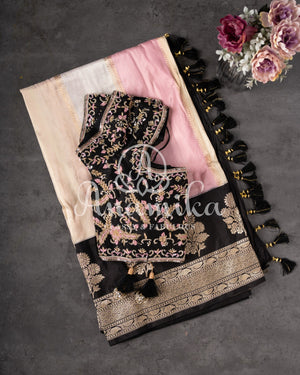 Classic Banarasi Rangkart Silk saree in hues of pink and peach with black border