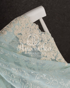 Pastel Blue Georgette saree with sequins floral embroidery and threadwork border