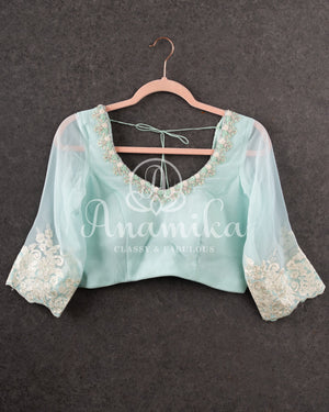 Pastel Blue Georgette saree with sequins floral embroidery and threadwork border