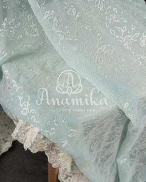 Pastel Blue Georgette saree with sequins floral embroidery and threadwork border