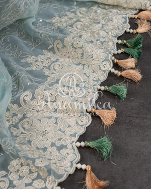 Pastel Blue Georgette saree with sequins floral embroidery and threadwork border