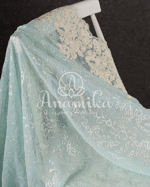 Pastel Blue Georgette saree with sequins floral embroidery and threadwork border