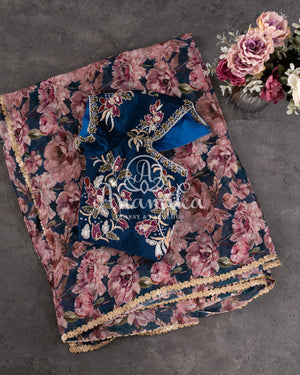 Dark Blue Floral Georgette saree with a heavy work blouse