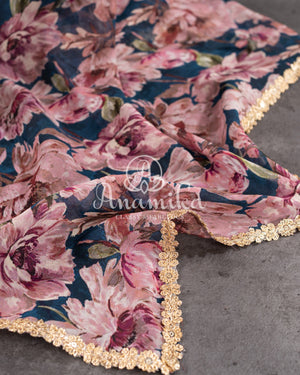 Dark Blue Floral Georgette saree with a heavy work blouse