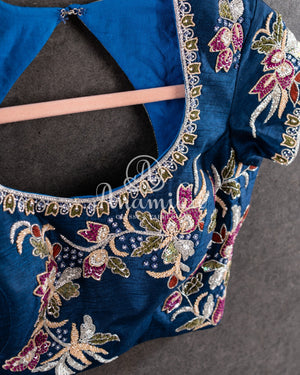 Dark Blue Floral Georgette saree with a heavy work blouse