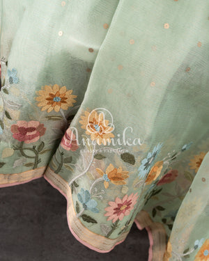 Pastel Green Organza saree with thread embroidered border