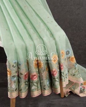 Pastel Green Organza saree with thread embroidered border