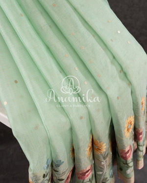 Pastel Green Organza saree with thread embroidered border