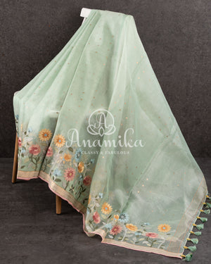 Pastel Green Organza saree with thread embroidered border