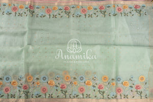 Pastel Green Organza saree with thread embroidered border