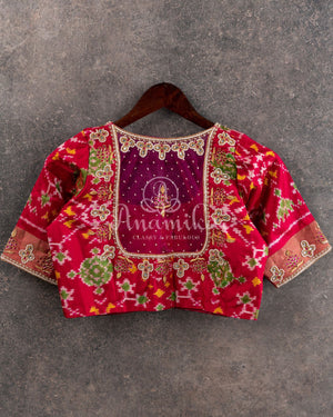 Tomato Pinkish Red Pure Patola Silk Blouse with gold zardosi embroidery