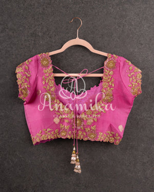 Light Pink Pure Organza blouse with zari woven buttas and gold zardosi work