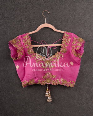 Light Pink Pure Organza blouse with zari woven buttas and gold zardosi work