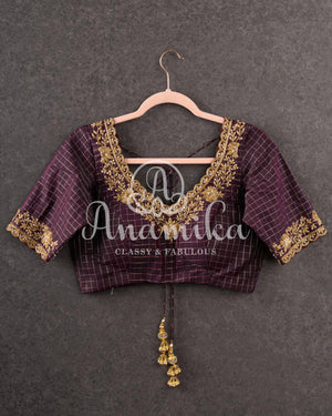 Brown pure silk checkered blouse with gold zardosi work