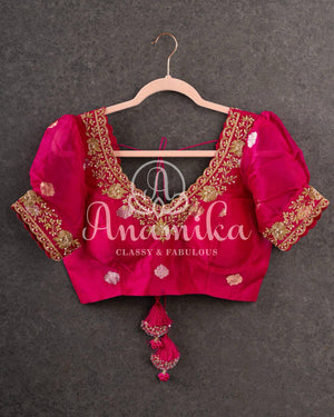 Dark Pink Organza Puff sleeves Blouse with gold zardosi work