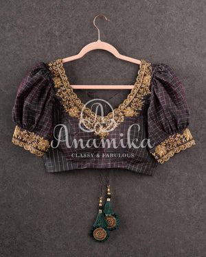 Dark Bottle Green Pure silk checkered blouse with puff sleeves and gold zardosi work