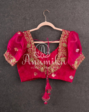 Dark Pink Organza Puff sleeves Blouse with gold zardosi work