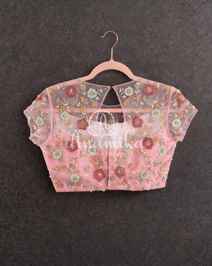 Light Baby Pink Net blouse with stunning 3D net flower embroidery