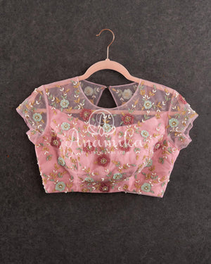 Light Baby Pink Net blouse with stunning 3D net flower embroidery