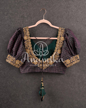 Dark Bottle Green Pure silk checkered blouse with puff sleeves and gold zardosi work