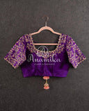 Purple Elbow sleeves blouse with gold zardosi work