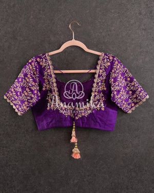 Purple Elbow sleeves blouse with gold zardosi work