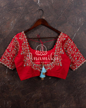 Red Elbow sleeves blouse with gold zardosi work