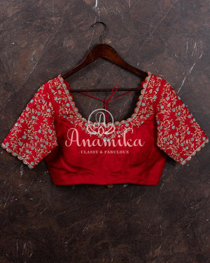 Red Elbow sleeves blouse with gold zardosi work