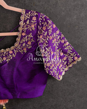Purple Elbow sleeves blouse with gold zardosi work