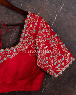 Red Elbow sleeves blouse with gold zardosi work