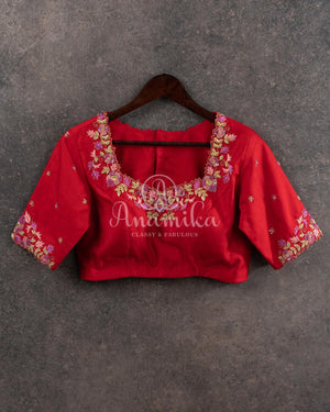 Red Elbow sleeves blouse with multi color cutdana work