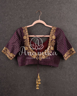 Brown pure silk checkered blouse with gold zardosi work