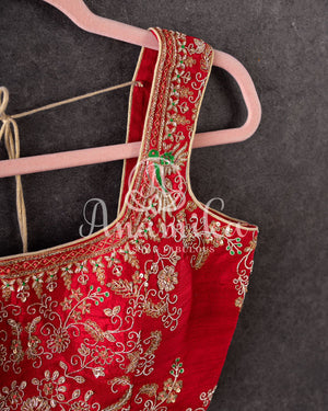 Floral Crepe Saree in Green with a handwork border and a contrast red blouse