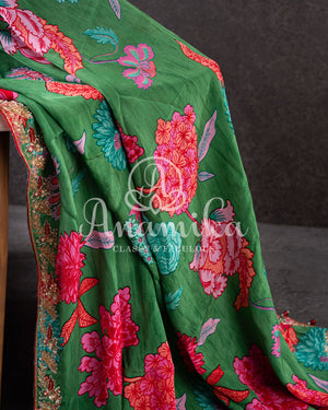 Floral Crepe Saree in Green with a handwork border and a contrast red blouse