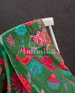 Floral Crepe Saree in Green with a handwork border and a contrast red blouse