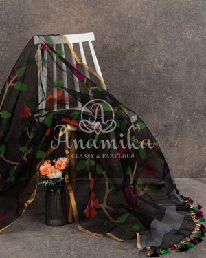 Stunning Black Muslin Jamdaani saree with all over floral weave