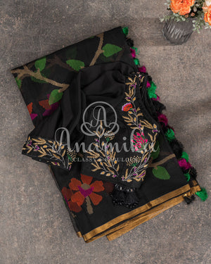 Stunning Black Muslin Jamdaani saree with all over floral weave