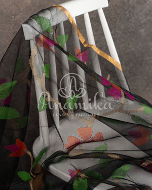 Stunning Black Muslin Jamdaani saree with all over floral weave