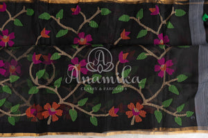 Stunning Black Muslin Jamdaani saree with all over floral weave