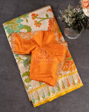 Mango Yellow Tusser georgette saree with all over paithani weave
